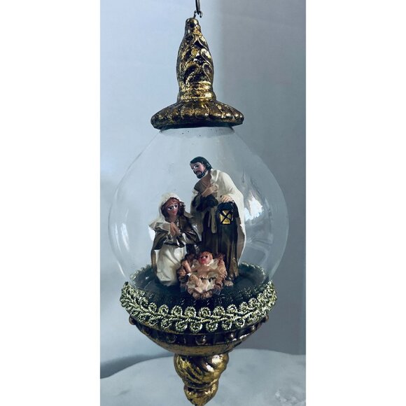 Lg Nativity Scene Diorama Glass Christmas Ornament Gold Holy family Jesus finial - Picture 4 of 5